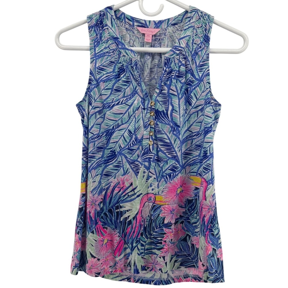 Lilly Pulitzer XXS Toucan Can Blue Pink Tropical Print Cotton Sleeveless Top
